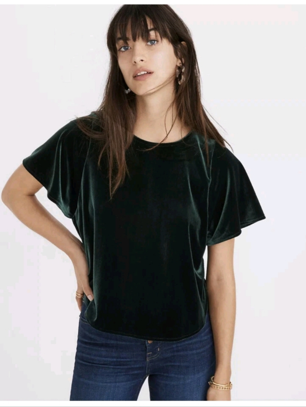 EUC Madewell Women's Dark Green Velour Velvet Butterfly Sleeve Blouse, Size XS